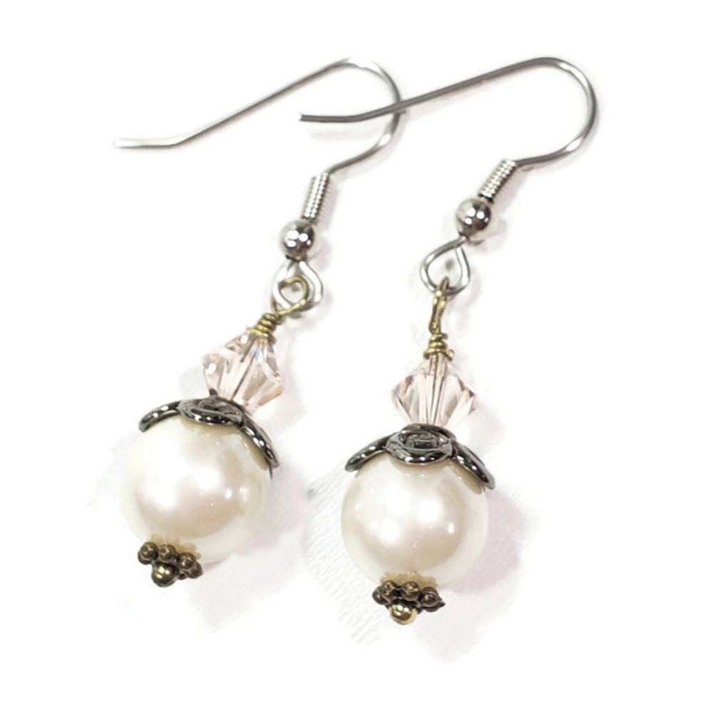 Silver and White Pearl Pink Crystal Earrings